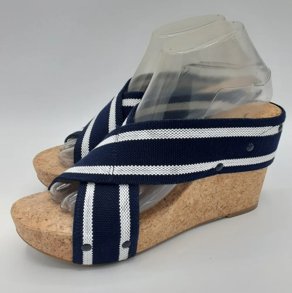 Lucky Brand Miller2 Navy Striped Cork Wedge Sandals